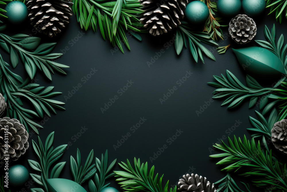 Creative frame of Christmas tree branches with green Christmas tree toys, pine cones on a black background. Greeting card for Christmas and New Year, winter holidays Creative frame of Christmas tree branches with green Christmas tree toys, pine cones on a black background. Greeting card for Christmas and New Year, winter holidays