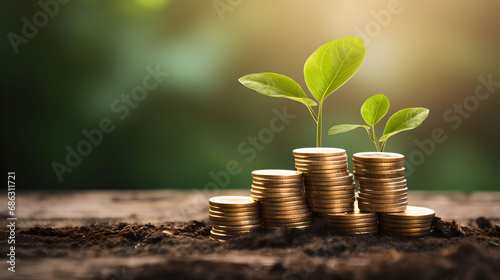 Plant on Stacked Coins, Concept, Financial Growth, Finance, Investment, Sustainable finance, green finance