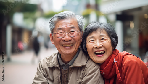 A couple of Asian retirees taking a selfie, the concept of the Chinese New Year
