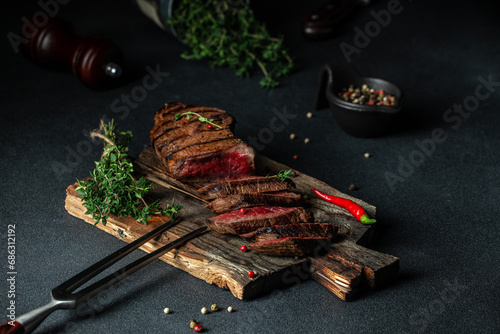grilled marbled beef steak. Delicious balanced food concept. copy space for text. top view