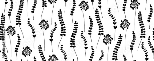 Silhouettes of leaves seamless pattern. Vector hand drawn illustration in simple scandinavian doodle style. Isolated black branches on a white background