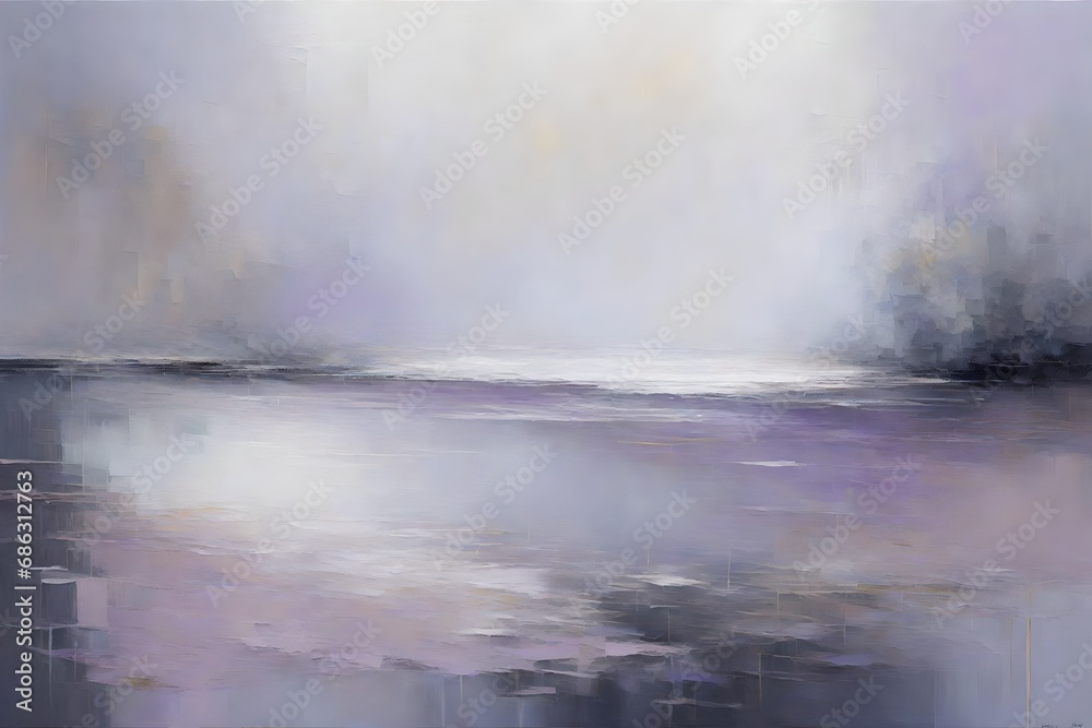 A serene dreamscape in shades of misty grays and soft lavender, where ethereal forms emerge from the depths of the canvas. 