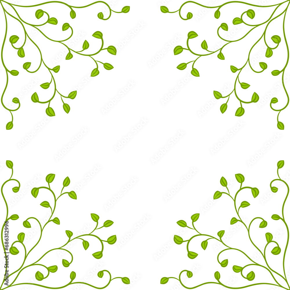 Ornamental frame of branch with green foliage. Decoration and design for card, invitation, brochure. Vector art illustration on white background Ornamental frame of branch with green foliage. Decoration and design for card, invitation, brochure. Vector art illustration on white background