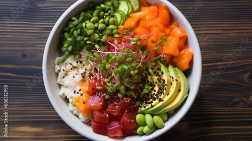A top-down view of a vibrant and flavorful poke bowl with fresh sushi-grade fish.