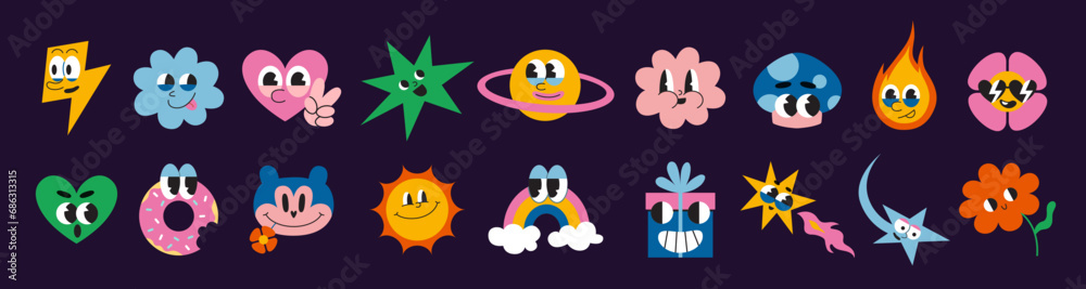 Big set of various comic groovy characters such as heart, flower and star, cartoon style. 70s funny cute retro stickers collection. Trendy modern vector illustration, hand drawn, flat design