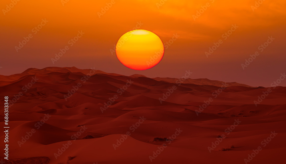 Sand dunes in the Sahara Desert at amazing sunrise, Merzouga, Morocco - Orange dunes in the desert of Morocco - Sahara desert, Morocco
