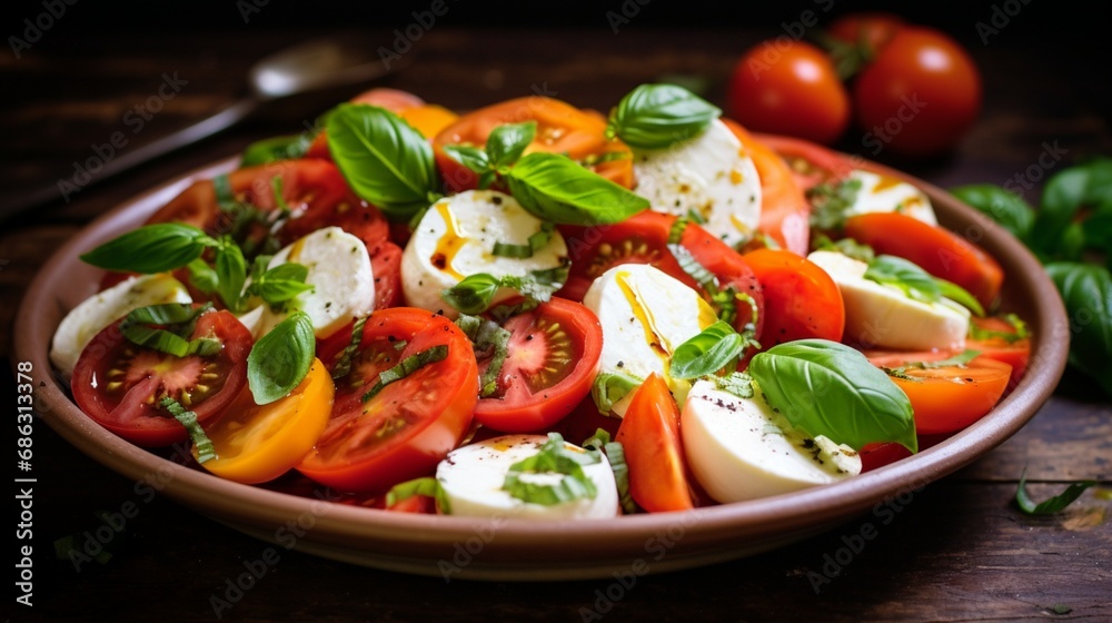 A vibrant and fresh Caprese salad with ripe tomatoes, mozzarella cheese, and basil.
