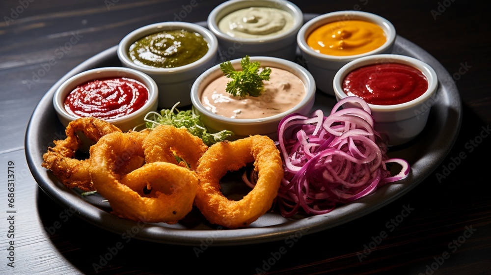 An assortment of colorful dipping sauces arranged neatly around a platter of onion rings.