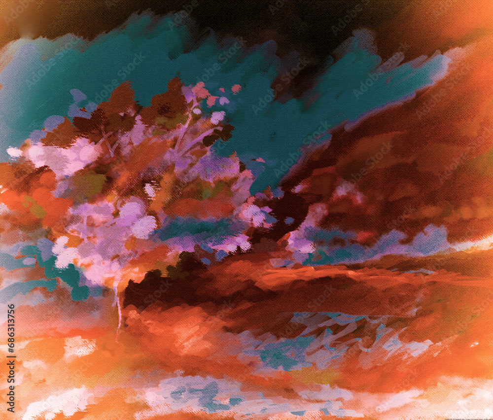 impressionistic tree on a lakeside at sunrise or sunset with bright highlights & Teal, Orange & lavender, art, digital painting, design, illustration, artwork, 