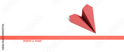 Red paper airplane on a white background. The red line. Copy space. 3d rendering. Illustration.