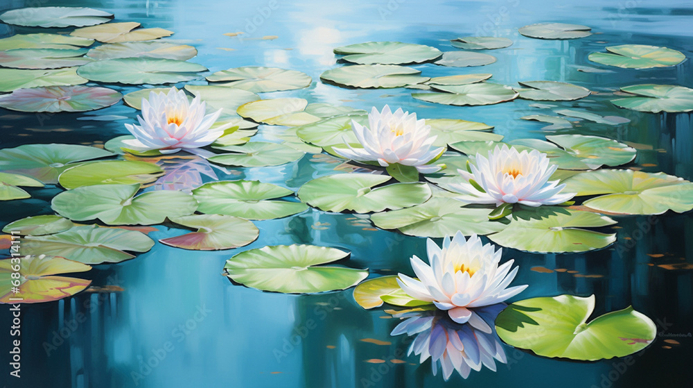 A serene pond adorned with white water lilies