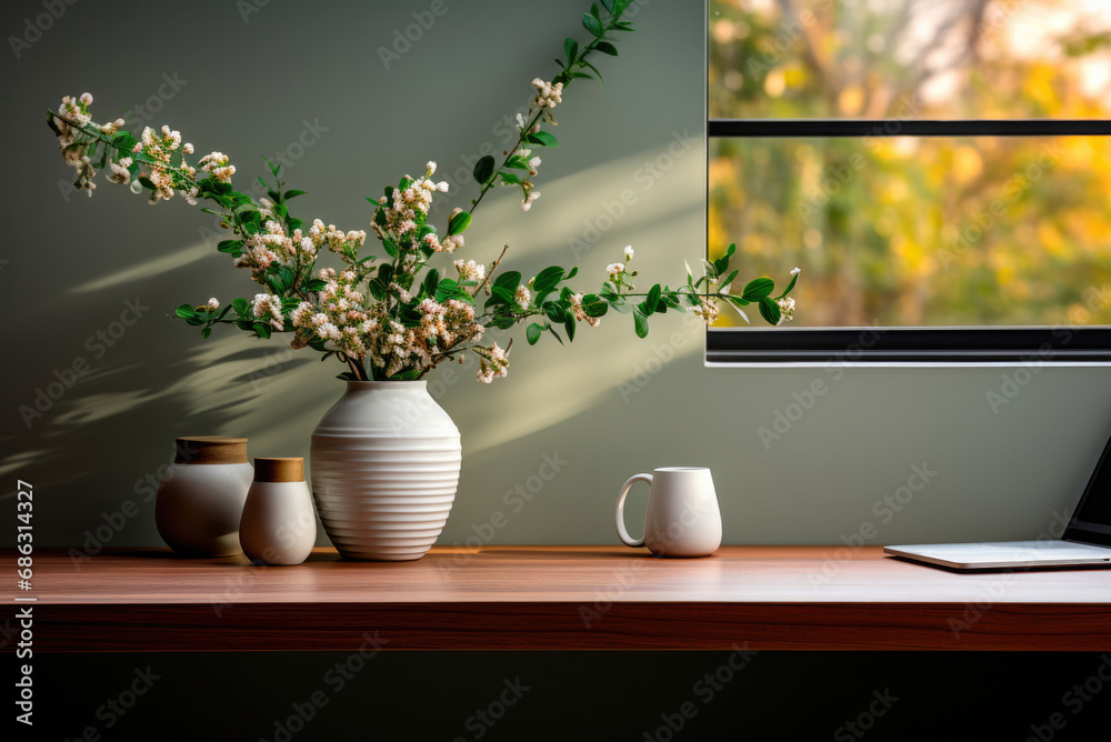 Wooden desktop with a closed laptop and flowers in a vase near the window Wooden desktop with a closed laptop and flowers in a vase near the window