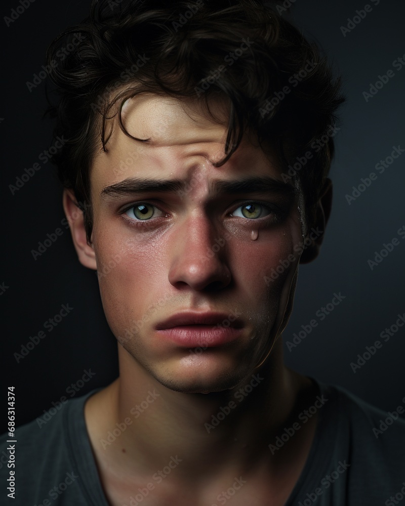 Fototapeta premium Handsome young man crying with tear on the face, sad lonely man portrait studio shot.