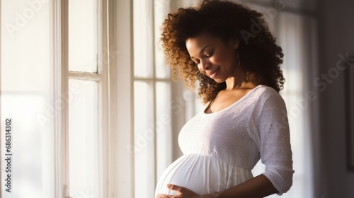 Pregnant afro american woman gripping her stomach and holding hands