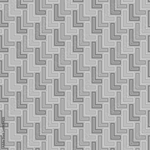 L shape blocks wallpaper. Repeated color mosaic figures on white background. Seamless surface pattern design with polygons. Pavement motif. Digital paper with pavers for page fills