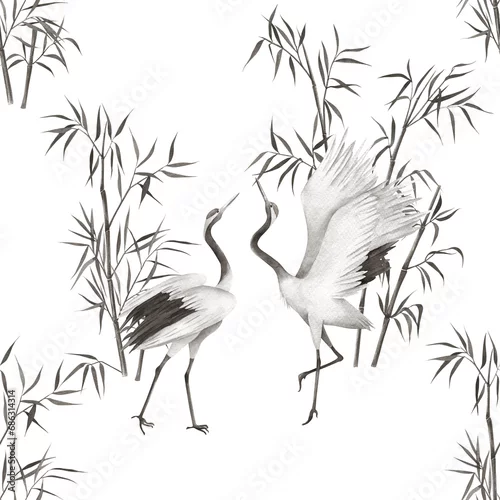 Obraz Watercolor seamless pattern with cranes and bamboo. Hand drawn  illustration on white background. Vintage print