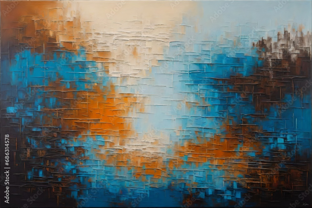A harmonious blend of warm earth tones and cool, serene blues, this abstract oil painting evokes the tranquility of an untouched landscape. A harmonious blend of warm earth tones and cool, serene blues, this abstract oil painting evokes the tranquility of an untouched landscape.