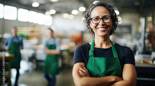 Smiling woman in safety glasses and a green work apron, with several other workers in similar uniforms blurred in the background