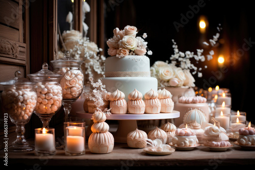 Candy bar and wedding cake. Table with sweets, buffet