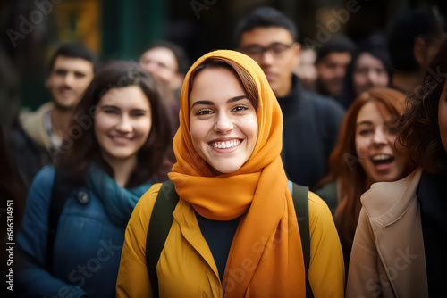 A Muslim woman in a hijab with a happy face stands and smiles with a confident smile against the background of other people