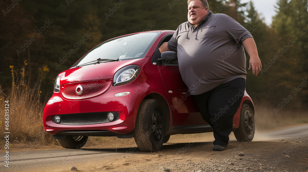 A very large man is driving a very small car, taking up all the space ...