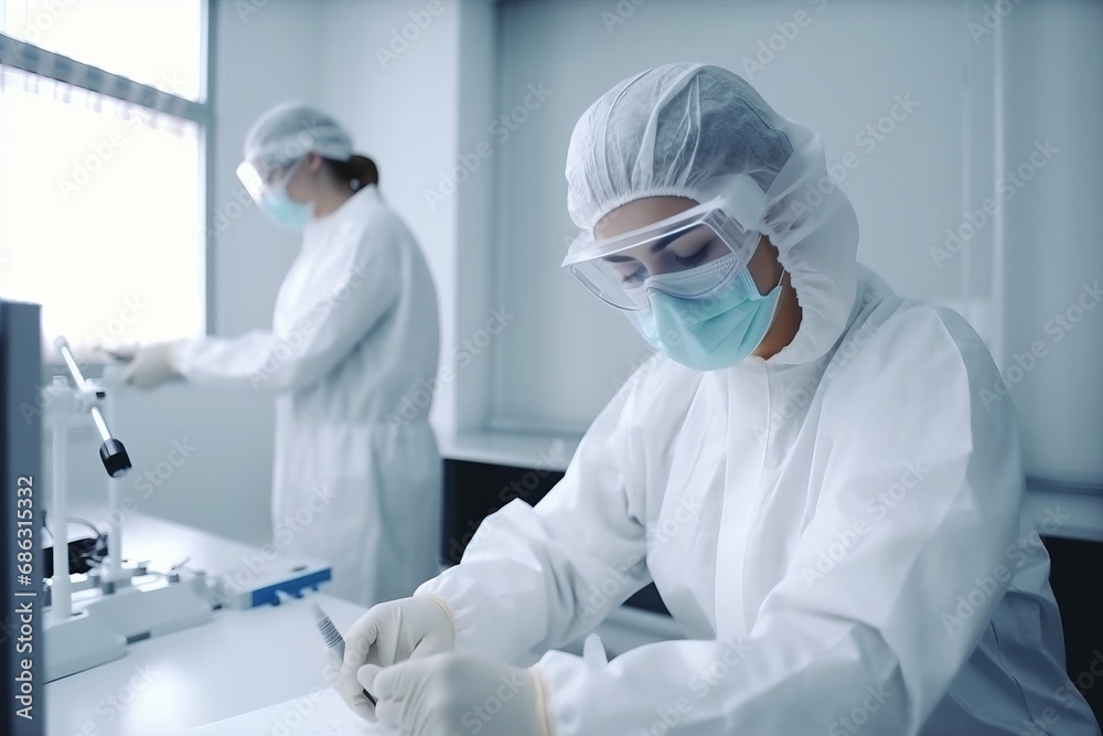 Scientists in white lab coats, chemical goggles, and masks conduct experiments in a laboratory with pipettes, microscopes, and viruses. Concept of clinical research, chemistry, and pharmacology.