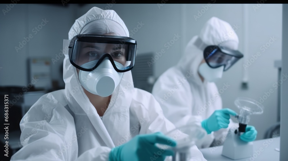 Scientists in white lab coats, chemical goggles, and masks conduct experiments in a laboratory with pipettes, microscopes, and viruses. Concept of clinical research, chemistry, and pharmacology. Scientists in white lab coats, chemical goggles, and masks conduct experiments in a laboratory with pipettes, microscopes, and viruses. Concept of clinical research, chemistry, and pharmacology.