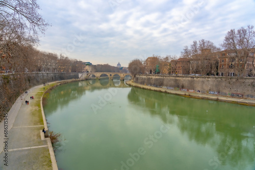 Fototapeta Naklejka Na Ścianę i Meble -  Two banks of the river Tiber with greenish waters with part of both banks of Rome. Italy