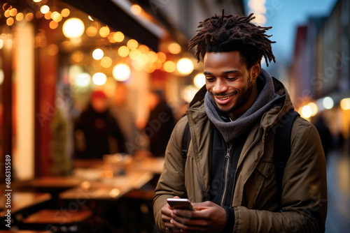 Young black African with dreadlocks holds a smartphone in his hands on the street in the city and smiles while chatting online or surfing the Internet while shopping