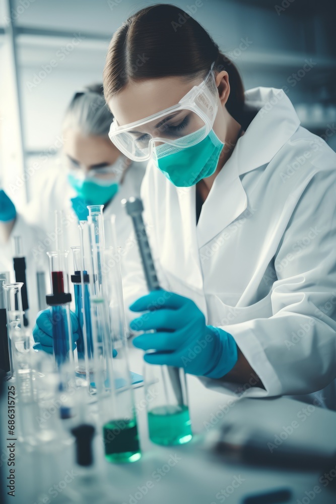 Scientists in white lab coats, chemical goggles, and masks conduct experiments in a laboratory with pipettes, microscopes, and viruses. Concept of clinical research, chemistry, and pharmacology. Scientists in white lab coats, chemical goggles, and masks conduct experiments in a laboratory with pipettes, microscopes, and viruses. Concept of clinical research, chemistry, and pharmacology.