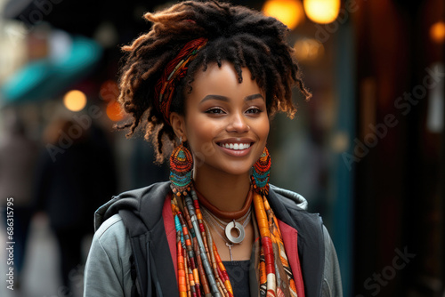 African young woman with dreadlocks walks through the city streets with a smile