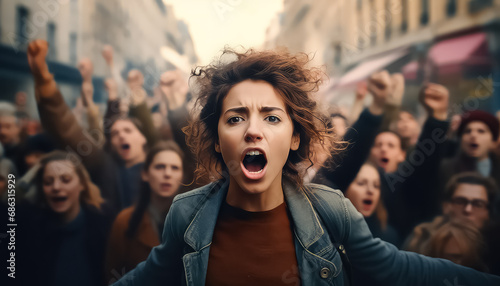 young woman stands scream in front of a crowd