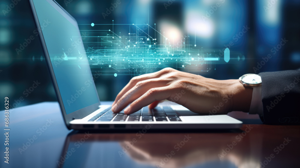 Person is using a laptop with a futuristic blue cyber network graphic overlay