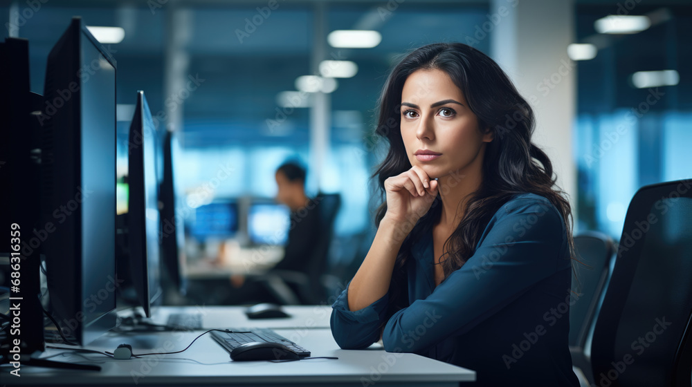 Serious and focused woman programmer working on a pc in her office - obrazy, fototapety, plakaty 