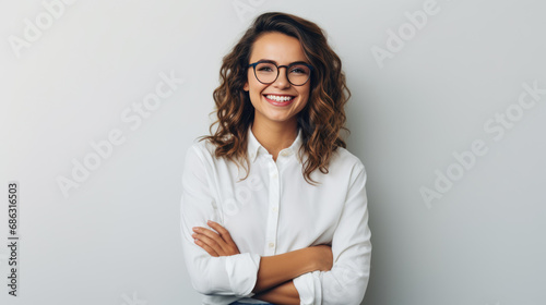 Smiling woman with curly hair and glasses, wearing a white shirt, against light grey background photo