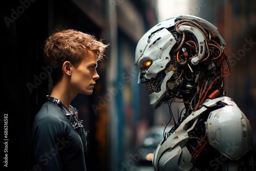 Robot and a young man look at each other in the city