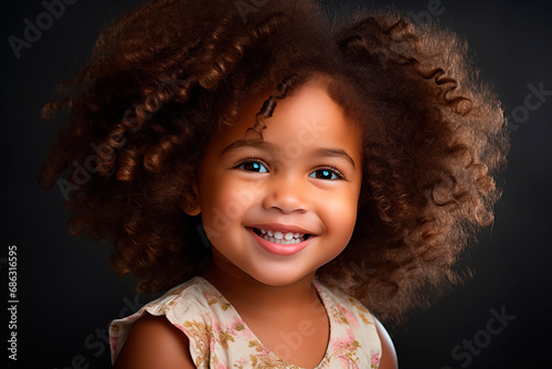 Girl with radiant smile and curly hair in a warm and expressive portrait.