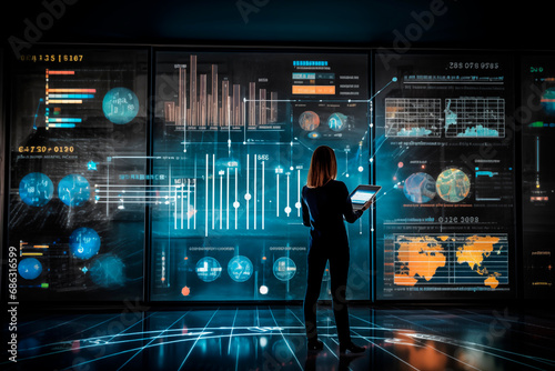 Professional woman analyzing statistical data on a futuristic digital interface with orange tones.