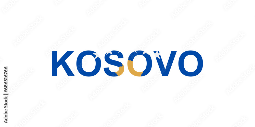 Letters Kosovo in the style of the country flag. Kosovo word in national flag style.