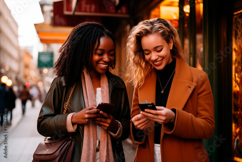 Two smiling women using smartphones on an urban street at dusk.