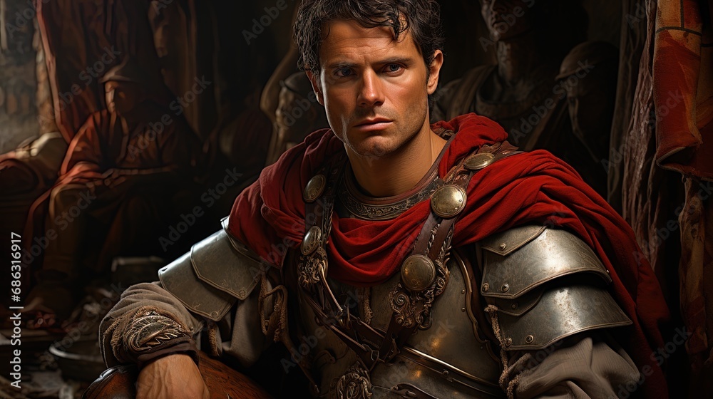 Portrait of Julius Caesar in roman military uniform. - obrazy, fototapety, plakaty 