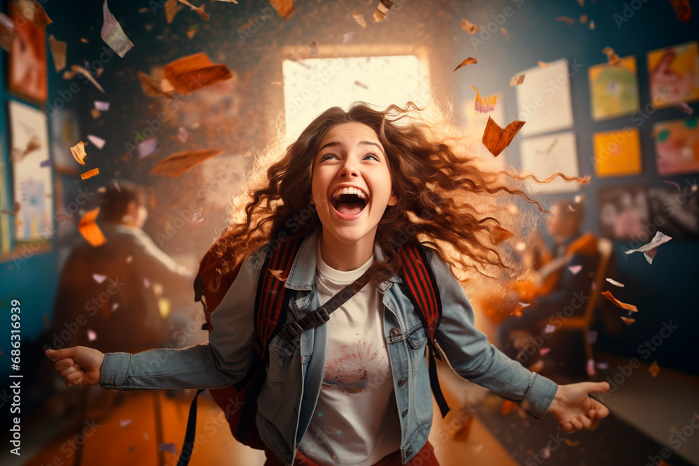  Excited student celebrates with leaves flying in the air, capturing a moment of pure happiness. - obrazy, fototapety, plakaty 