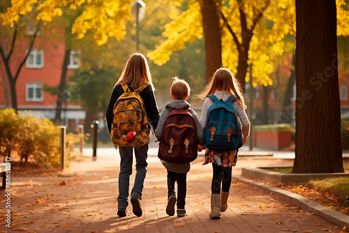 Children with backpacks walking together on an autumnal path to school amidst fallen leaves.