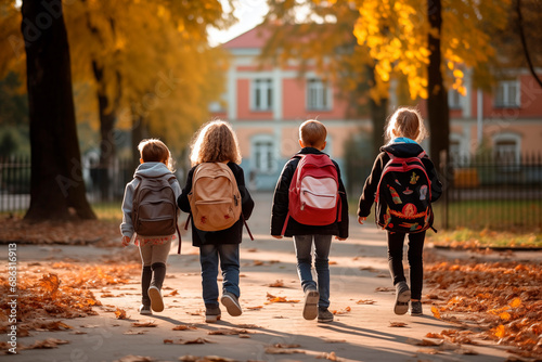 Children with backpacks walking together on an autumnal path to school amidst fallen leaves.