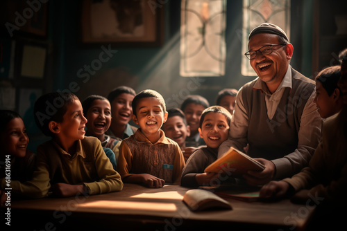 Arabian Joyful teacher interacting with his students in a sunlit classroom, fostering learning