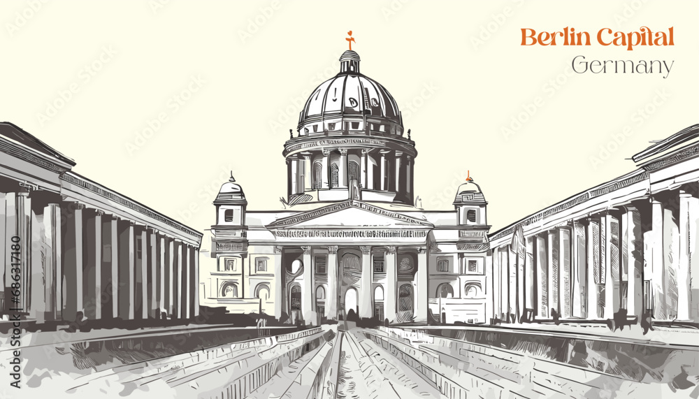 Landmark with building view of Berlin Capital of Germany. Hand drawn sketch illustration in vector