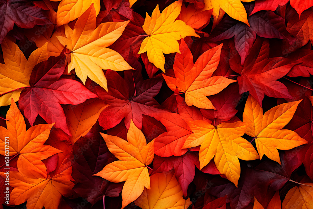 Maple leaves in autumn hues, vibrant pattern from reds to yellows.