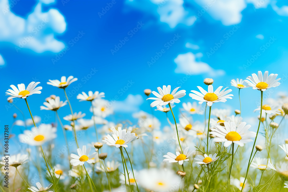 White and yellow daisies stand out in a field under a blue sky with clouds.