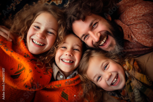 Happy family cuddled and laughing together, showing love and joy in a warm embrace.