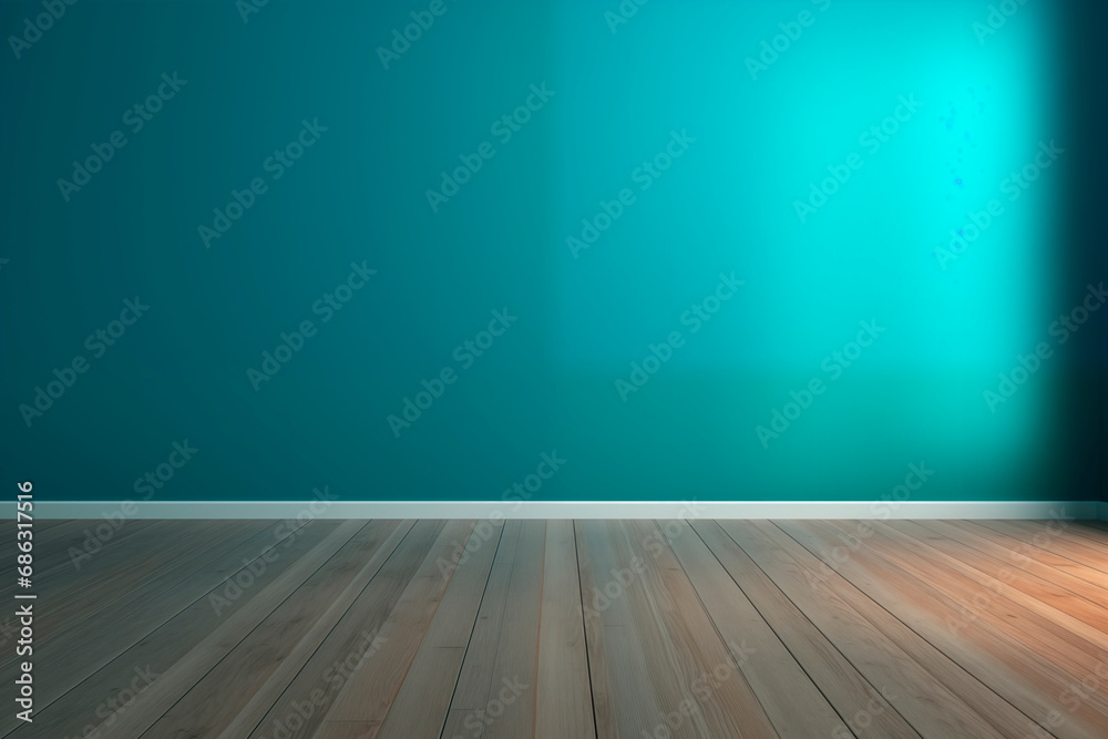 Blue gradient wall and wooden floor, soft lighting casting gentle shadows.